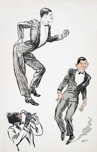 Two men in black tie dance to a musician on the saxophone, from White Bottoms, pub. 1927 by Sem